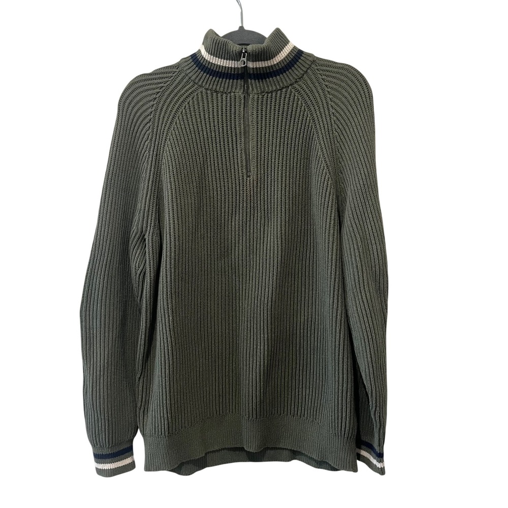J Crew Ribbed Cotton Half Zip‎ Sweater Green Knit Men's XL Mock Neck Preppy